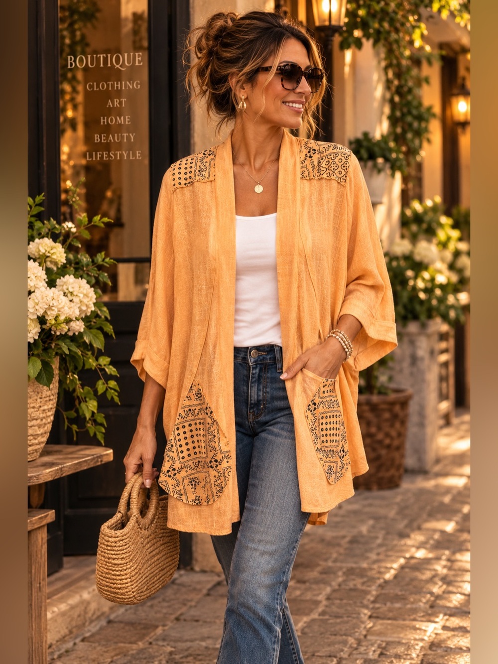 Boho Open-Front Kimono Cardigan - Peach